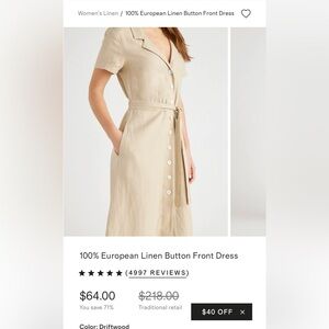 NWT Quince 100% European Linen Button Front Dress - Driftwood